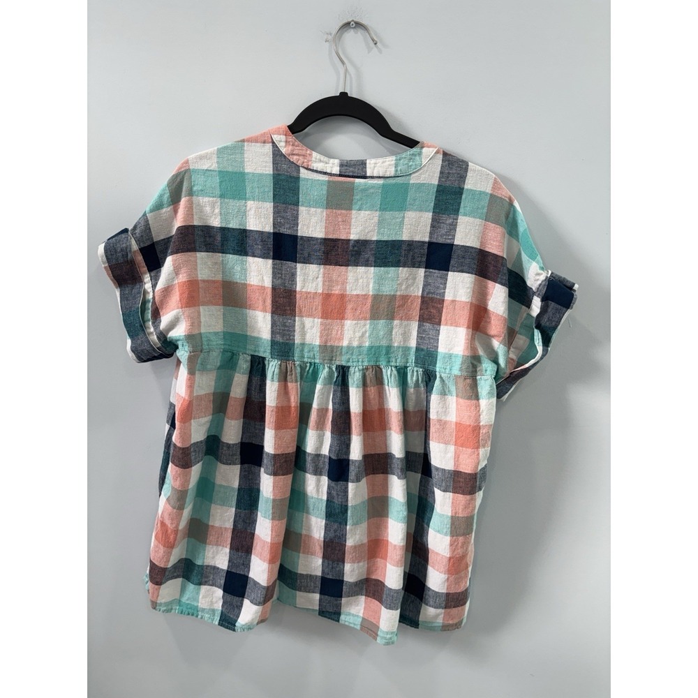 St Johns Bay Women's Linen Cotton Plaid Tunic Top M Blue Boxy Resortwear - Picture 2 of 9
